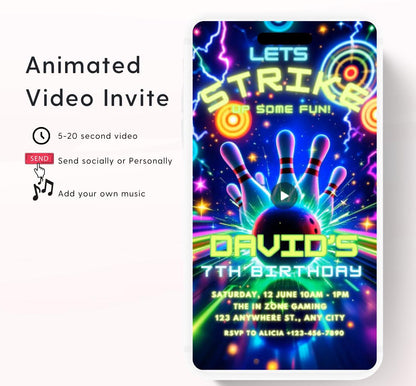 Video Bowling Birthday Invitation, Glow Bowling Invitation, Neon Bowling Party, Boy Bowling Invite, Glow Invite, Strike Up Some Fun-1