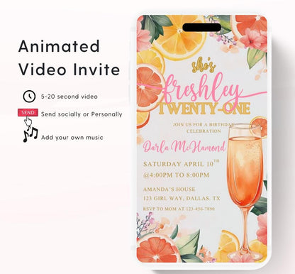 Citrus Birthday Brunch Invite. Digital Animated 21st birthday Party Invitation. Lemon Yellow and Pink Citrus Birthday Video invite-1