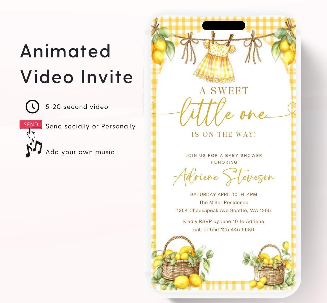Lemon Baby Shower Invitation, Citrus Baby Shower, Lemon baby shower invite, citrus baby video invitation Boho lemon invite-1