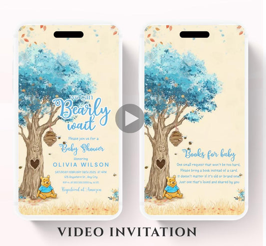 Blue Winnie shower Invitation, Winnie The Pooh Baby Shower Invitations, Winnie The Pooh Invitations Video invitation, Winnie baby shower-23
