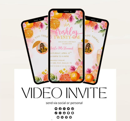 Citrus Birthday Brunch Invite. Digital Animated 21st birthday Party Invitation. Lemon Yellow and Pink Citrus Birthday Video invite-2