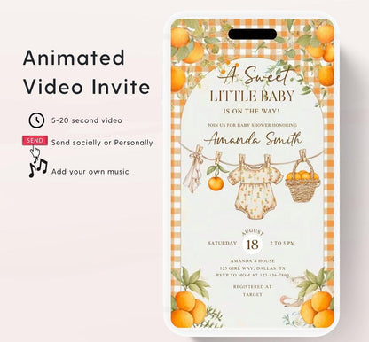 A Little Cutie Baby Shower Invitation, Gender Neutral Baby Shower Invite, Oranges cutie baby shower Video invitation-3