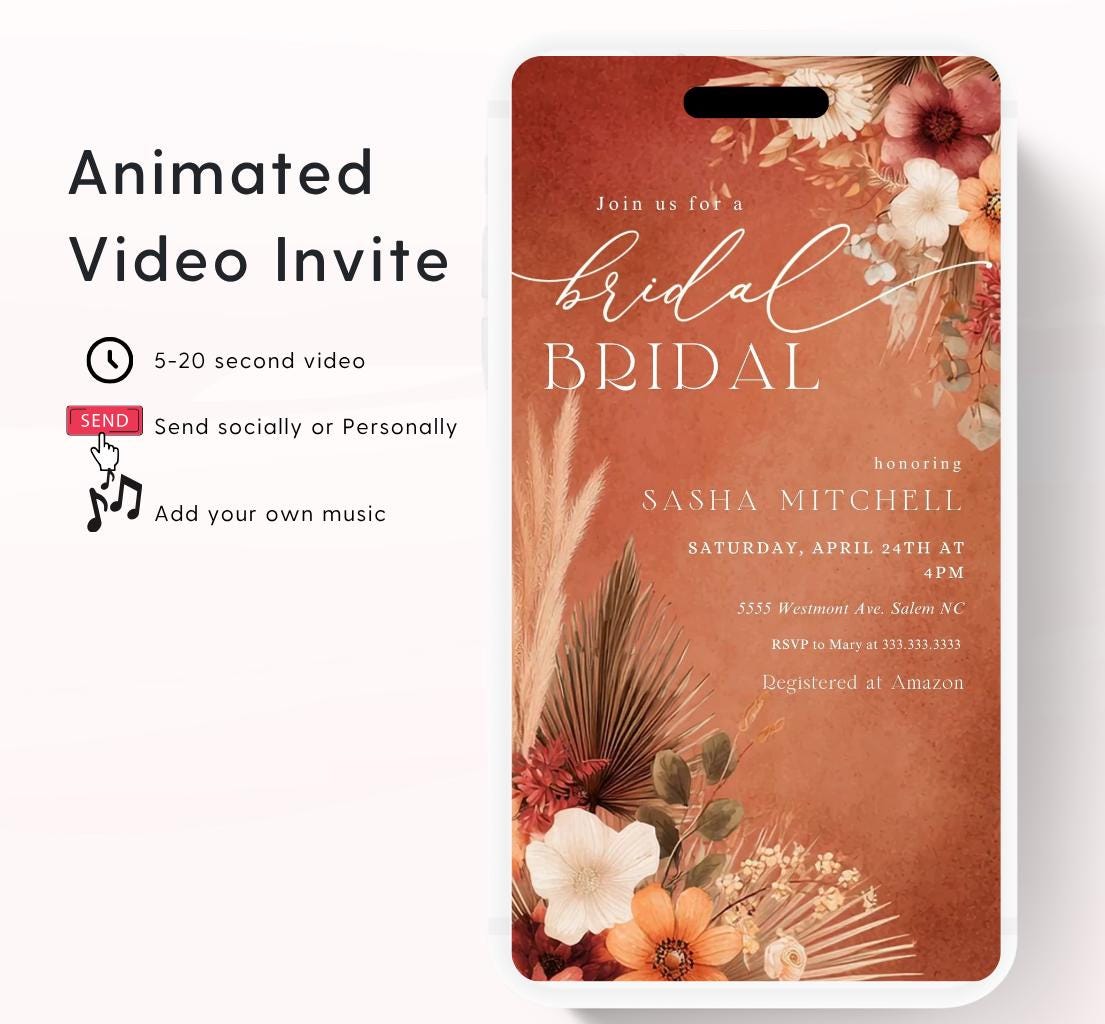 Video Bridal Shower Invitation Template, Pampas & Floral, Bridal shower fall, Boho, Arch, Palm Leaf, Rust, Burnt Orange, Terracotta-3