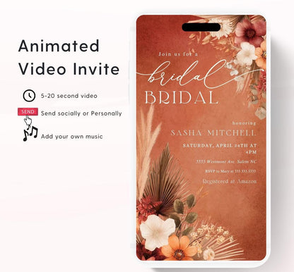 Video Bridal Shower Invitation Template, Pampas & Floral, Bridal shower fall, Boho, Arch, Palm Leaf, Rust, Burnt Orange, Terracotta-3