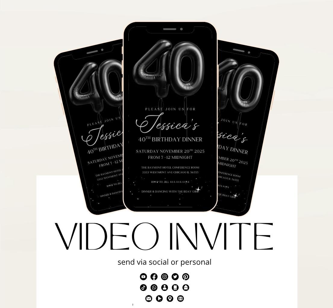 Animated 40th Evite Birthday for Adult Invite, Modern 40th Birthday Invite, Digital Animated black balloon Digital 40th Birthday-3