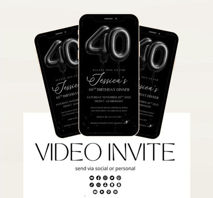 Animated 40th Evite Birthday for Adult Invite, Modern 40th Birthday Invite, Digital Animated black balloon Digital 40th Birthday-3