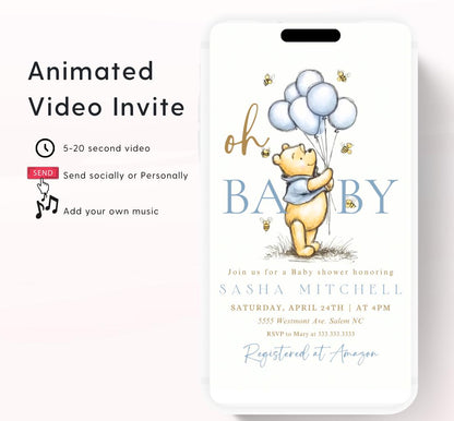 Winnie The Pooh Invitation, Boy Winnie The Pooh Baby Shower Invitations, Winnie The Pooh Invitations Video invitation, Winnie baby shower-7