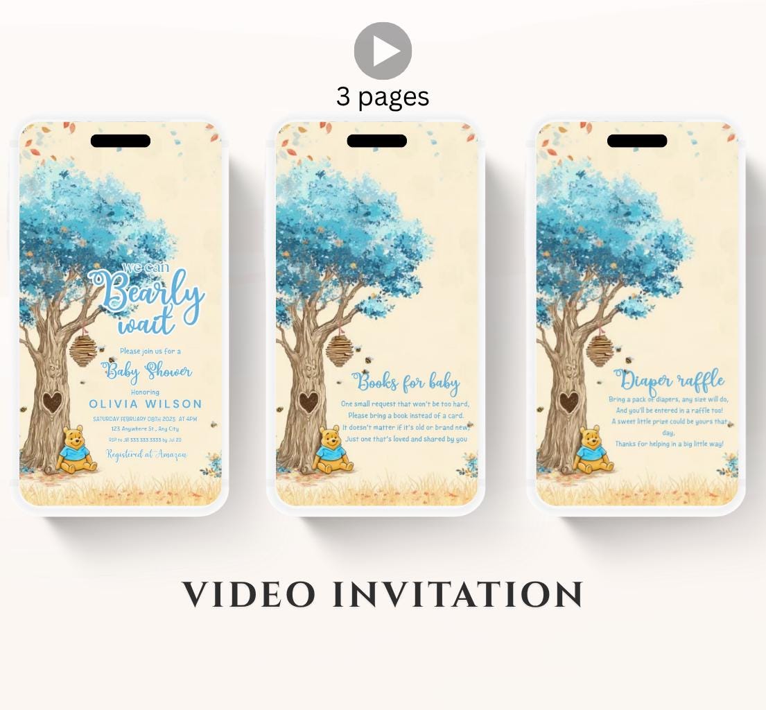 Blue Winnie shower Invitation, Winnie The Pooh Baby Shower Invitations, Winnie The Pooh Invitations Video invitation, Winnie baby shower-23