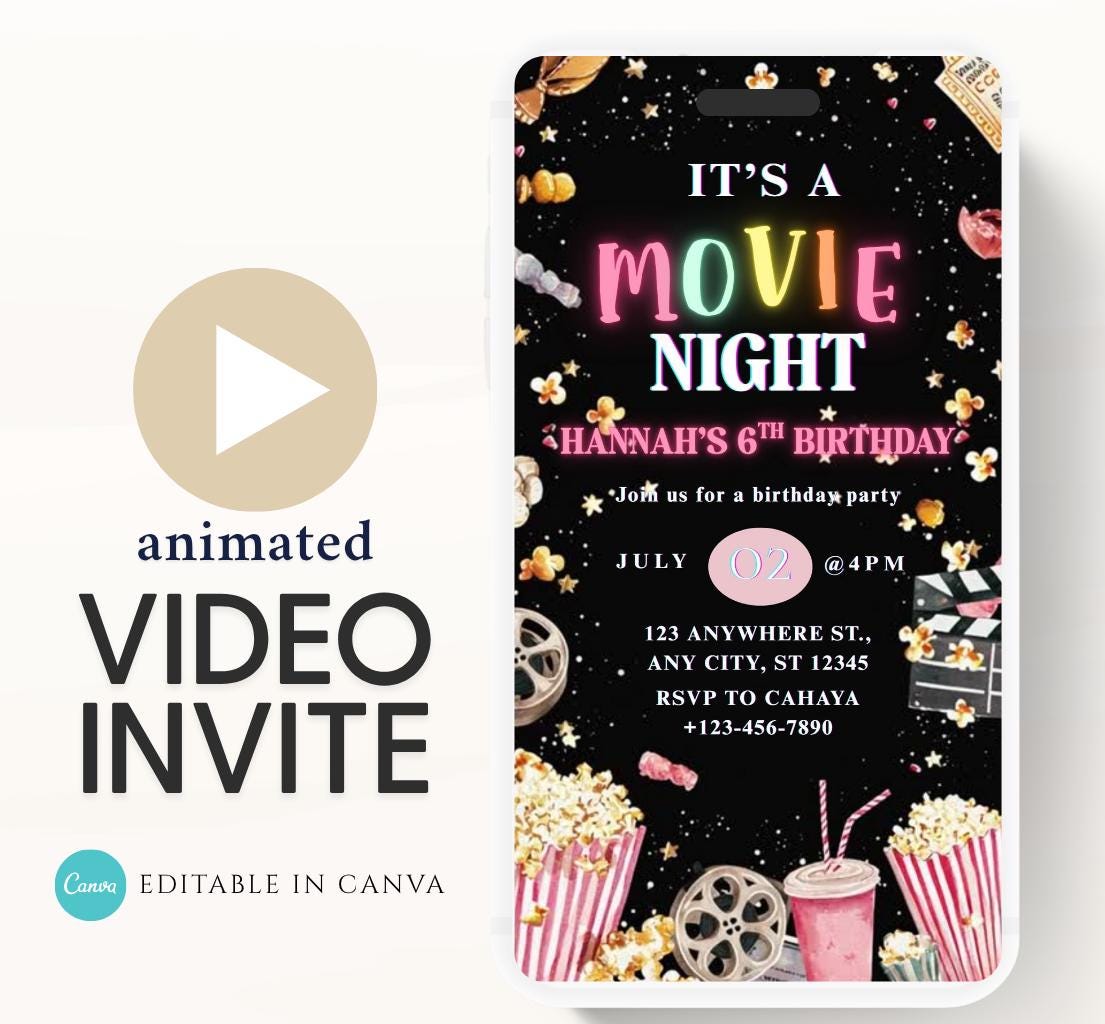 Movie Night Birthday Invitation, Movie Party Invitation, Cinema Invitation, Editable Kids Birthday Invitation Backyard movie night Video-1