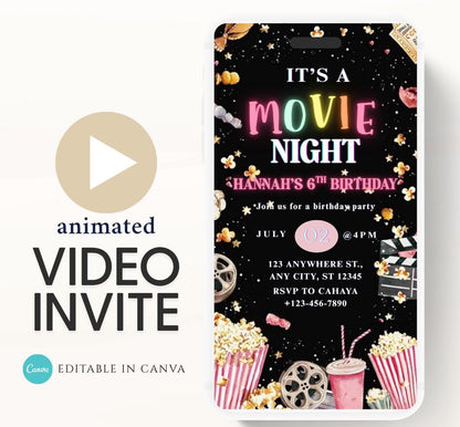 Movie Night Birthday Invitation, Movie Party Invitation, Cinema Invitation, Editable Kids Birthday Invitation Backyard movie night Video-1