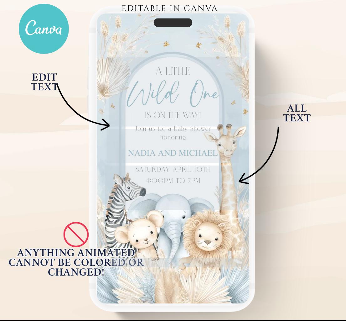 Safari Baby Shower Invitation, A little Wild One is on the Way Invite, Jungle Baby Shower Invitation, Zoo Animal Animated-6