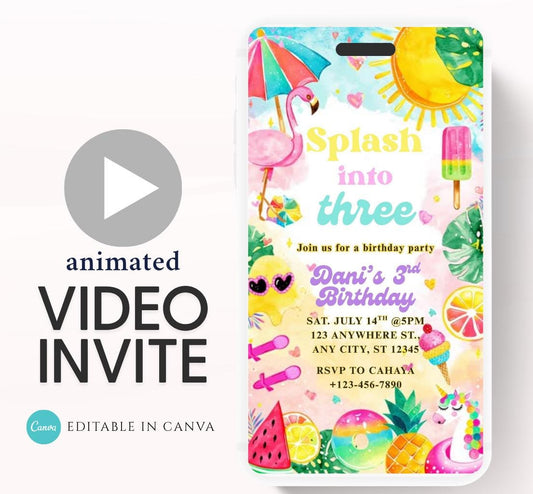 Pool Splash into three 3rd Birthday Pool Party Invitation Girly Summer 3rd Birthday Splash Pad Party Video Invitation any age -1