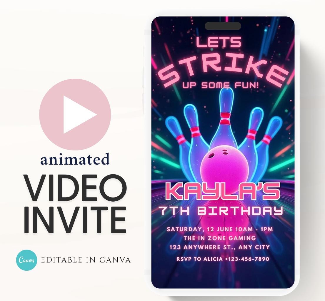 Video Bowling Birthday Invitation, Glow Bowling Invitation, Neon Bowling Party, Boy Bowling Invite, Glow Invite, Strike Up Some Fun-3