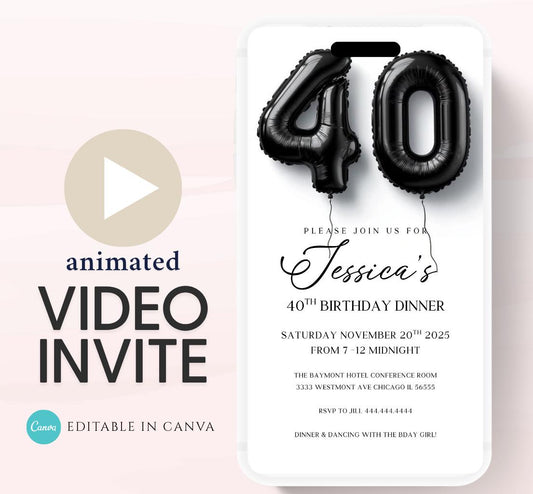Animated 40th Evite Birthday for Adult Invite, Modern 40th Birthday Invite, Digital Animated Diamond Digital 40th Birthday-2