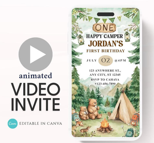 One Happy Camper Birthday Invitation, Boy First Birthday, Boy Happy camper Invitation, Camping 1st Birthday, Canva Video Invitation
