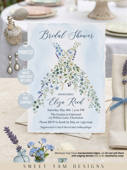 Wildflower Bridal shower invitation, Boho Floral Dress Invitation Dusty Blue