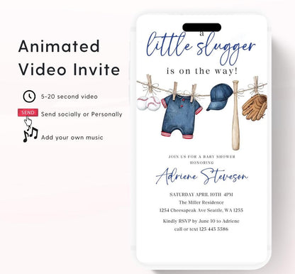 Baseball Baby Shower Invitation,  A Little Slugger is on the Way Video invitation, Boy baby shower invitation, sports baseball invite-1