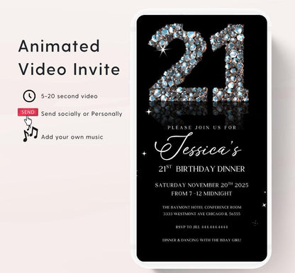 Animated 21st Evite Birthday for Adult Invite, Modern 21st Birthday Invite, Digital Animated Diamond Digital 21st Birthday-1