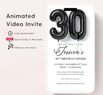 Animated 30th Evite Birthday for Adult Invite, Modern 30th Birthday Invite, Digital Animated Black balloons Digital 30th Birthday-2