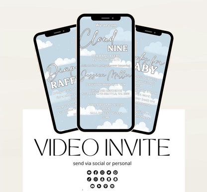 Video On Cloud 9 Baby Shower Invitation Blue Cloud Nine Boy Shower Invite We're on Cloud Nine Party Invite Printable Animated