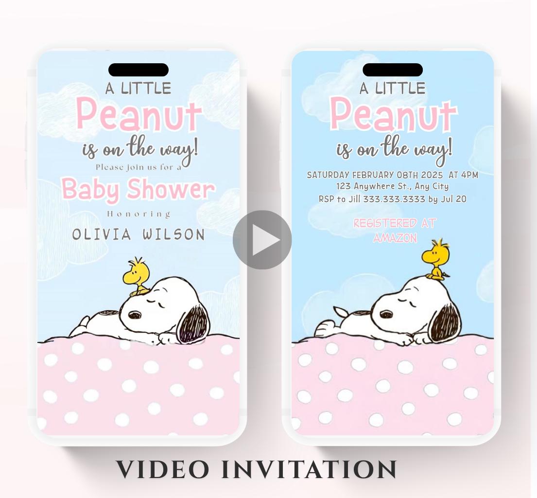 Snoopy Baby Shower Invitation, Peanuts Baby Shower Invitation, Baby Girl Shower Invitation, Our Little Peanut, Video invite,-2