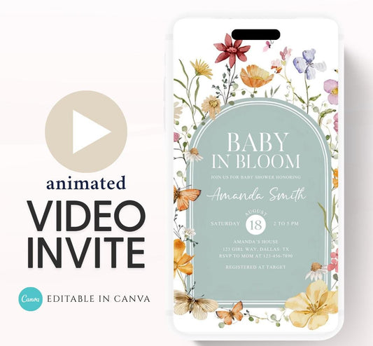Boho Baby Shower Invitation, Boho Floral Baby Shower, Baby in bloom Baby Shower Invite, pampas Invitation, Boho Baby Invitation Animated-3
