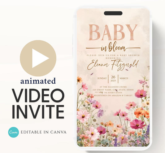 Boho Baby Shower Invitation, Boho Floral Baby Shower, Baby in bloom Baby Shower Invite, pampas Invitation, Boho Baby Invitation Animated-5