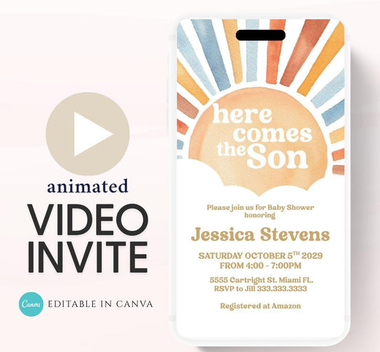 Animated Sunshine Baby Shower Invitation, Here Comes the Son Baby Shower Invite, Boy Sonshine Baby Shower, Boho Sunshine Shower sun baby-2