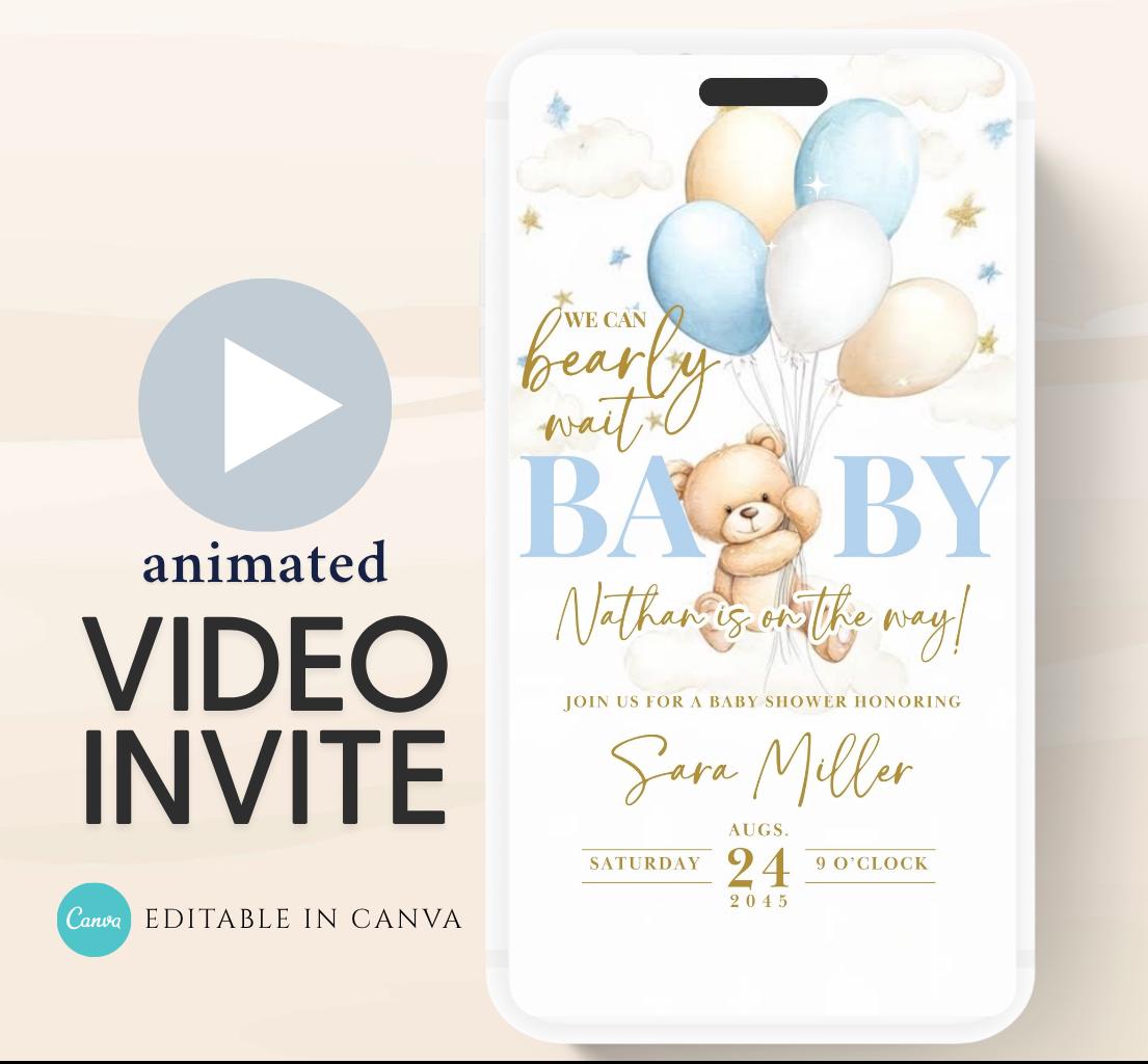 Video We Can Bearly Wait Baby Shower Invitation Teddy Bear Balloon Bear Theme Invites, Baby shower teddy bear invite animated-5