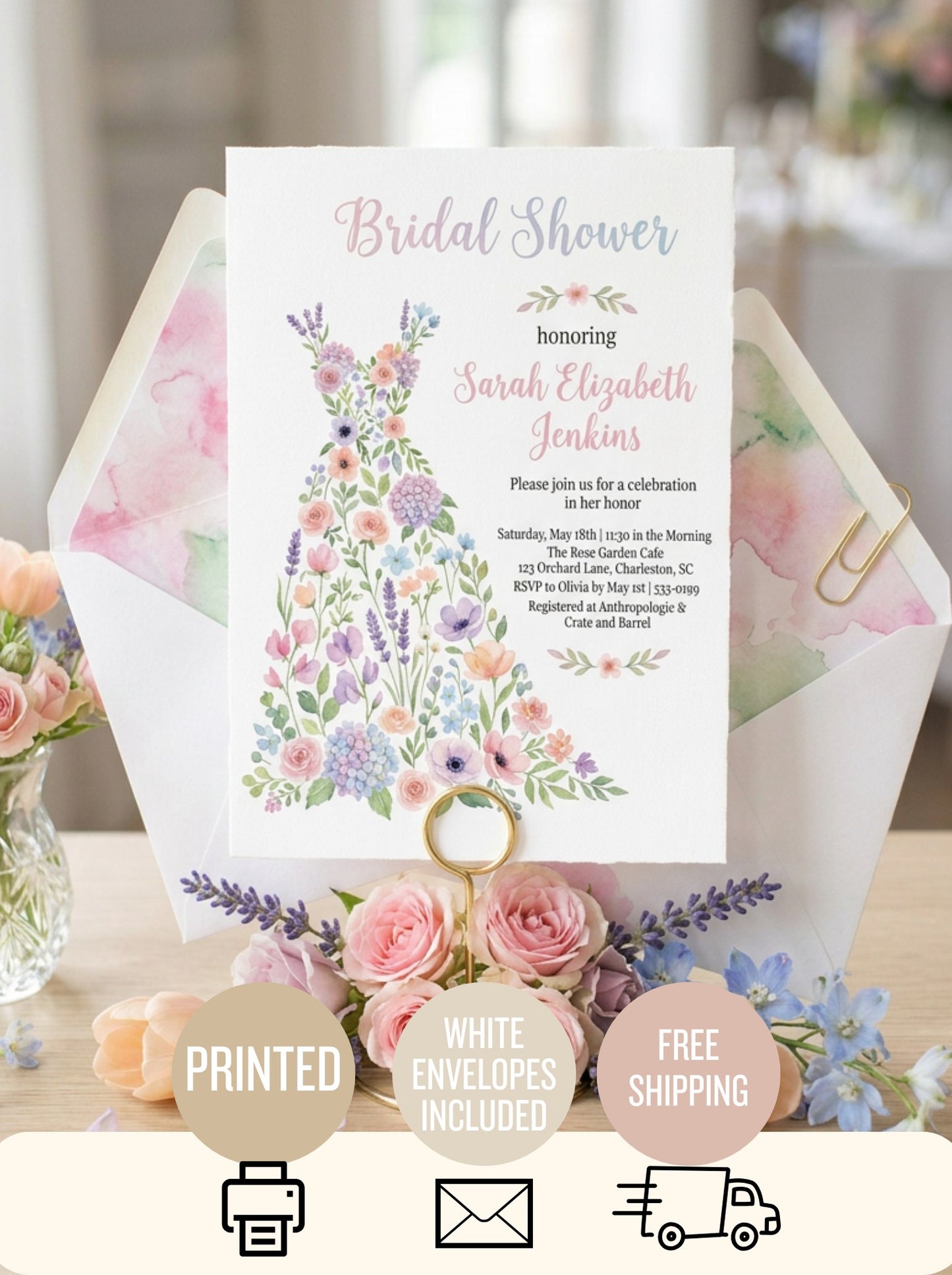 Wildflower Bridal shower invitation, Boho Floral Dress Invitation-2