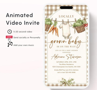 Locally Grown Baby Shower Invitation, Farmers Market Baby Shower Invite, Homegrown, Greenery baby shower video invitation-1