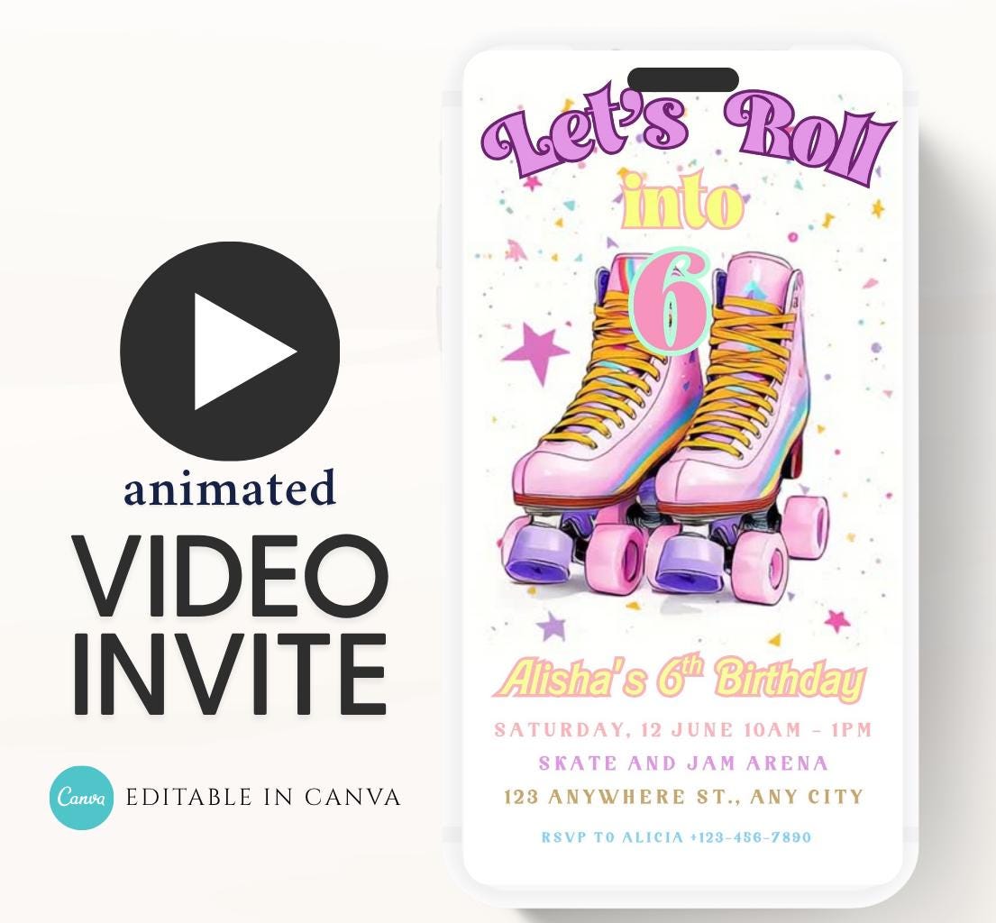 Roller Skating Birthday Invitation, Skate Party Birthday Invite, Roller Skating, Retro Neon Lights, Rollerblade Skate Rink Editable Video-1