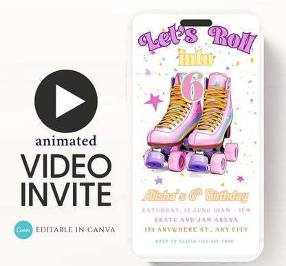 Roller Skating Birthday Invitation, Skate Party Birthday Invite, Roller Skating, Retro Neon Lights, Rollerblade Skate Rink Editable Video-1