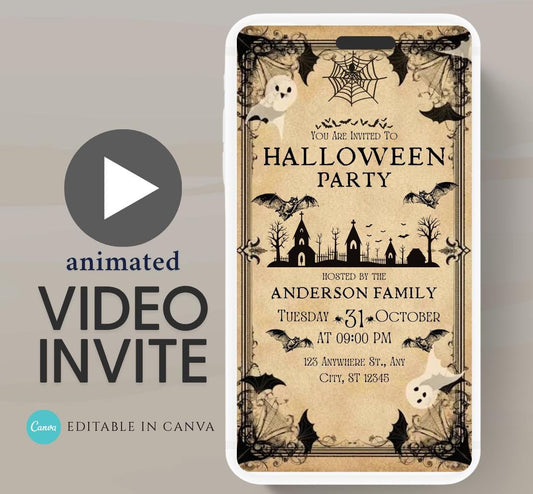Video Vintage Halloween Invitations Halloween Party Invite Antique Adults Halloween Costume party Invite Editable Digital Download-1