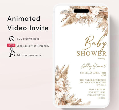 Boho Baby Shower Invitation, Boho Floral Baby Shower, Baby Girl Baby Shower Invite, pampas Invitation, Boho Baby Invitation Animated-2