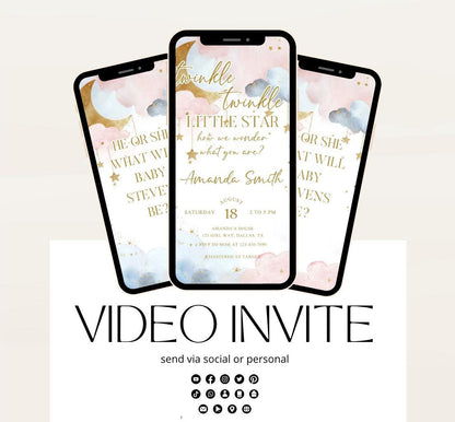 Twinkle Twinkle Little Star Gender Reveal Invitation, Pink and Blue Moon Stars Clouds Invitation, He Or She, Boy Or Girl Video Invite-2