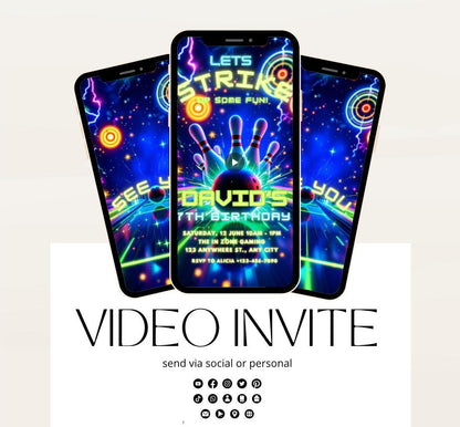 Video Bowling Birthday Invitation, Glow Bowling Invitation, Neon Bowling Party, Boy Bowling Invite, Glow Invite, Strike Up Some Fun-1