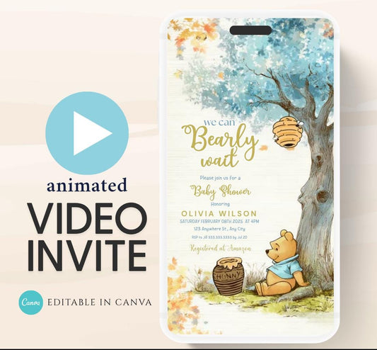 Blue Winnie shower Invitation, Winnie The Pooh Baby Shower Invitations, Winnie The Pooh Invitations Video invitation, Winnie baby shower-24