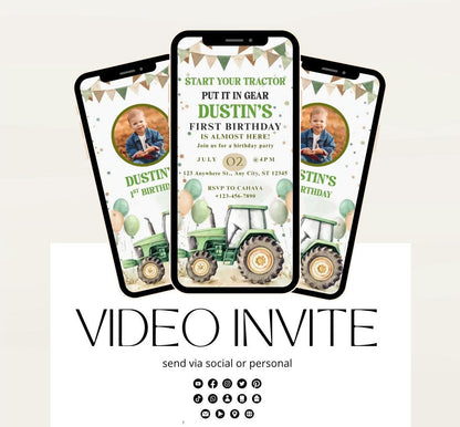 Video Green Tractor Electronic Invitation Template, Green Tractor Birthday Phone Invitation, Green Tractor Birthday Invitation-1