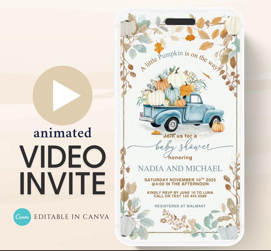 Video Fall Baby Shower Invitation Little Pumpkin Baby Shower Invitation Autumn Baby Shower Fall Hello Baby Shower pumpkin truck -5
