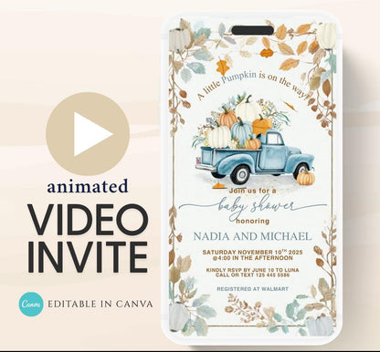 Video Fall Baby Shower Invitation Little Pumpkin Baby Shower Invitation Autumn Baby Shower Fall Hello Baby Shower pumpkin truck -5