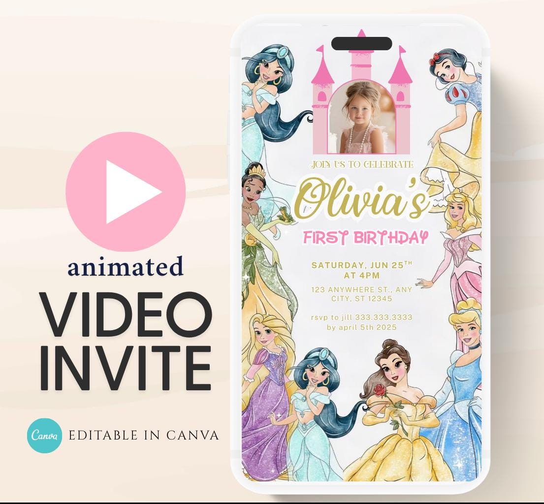 Princess Birthday Invitation, Princess Invitation, Princess Party Invitation, Girl Princesses Theme Invite Digital Editable Video invite-1