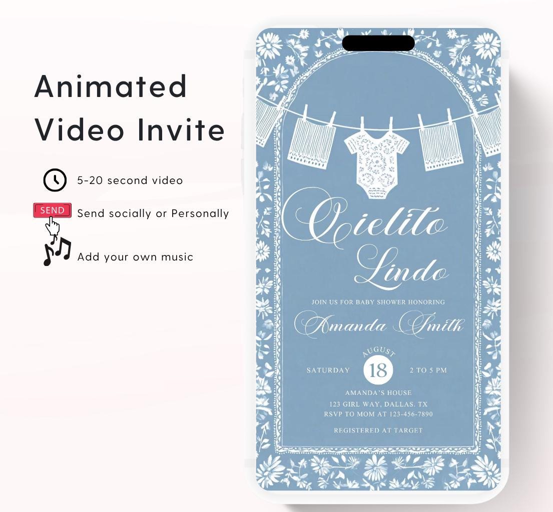 Video Cielito Lindo Baby Shower Invitation, Mexican Baby shower Editable Talavera Theme Papel Picado Invite. Dusty Blue template-1
