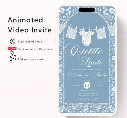 Video Cielito Lindo Baby Shower Invitation, Mexican Baby shower Editable Talavera Theme Papel Picado Invite. Dusty Blue template-1