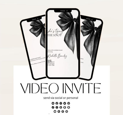 She's Tying the Knot Bridal Shower Invitation Template,Video Black Bow Bridal Shower Invite,Ribbon WeddingShower,BacheloretteParty Invite-1