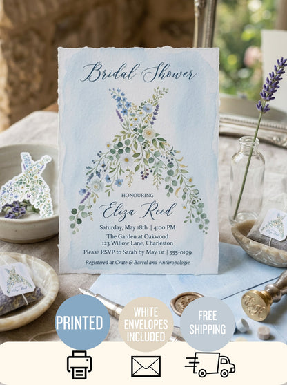 Wildflower Bridal shower invitation, Boho Floral Dress Invitation Dusty Blue