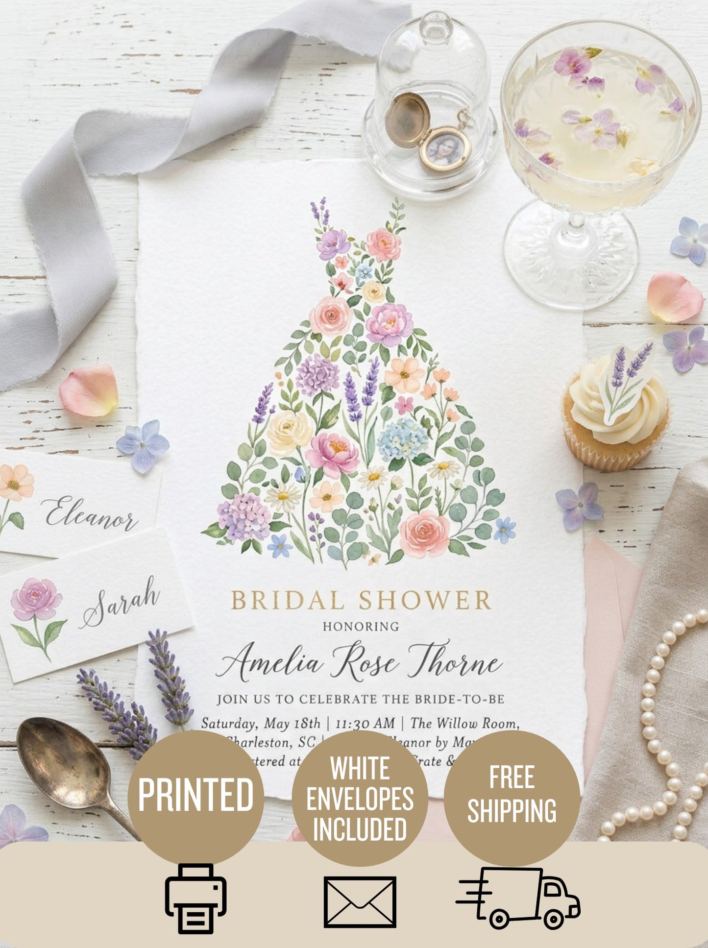 Wildflower Bridal shower invitation, Boho Floral Dress Invitation-1