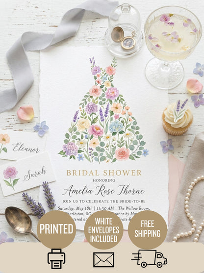 Wildflower Bridal shower invitation, Boho Floral Dress Invitation-1