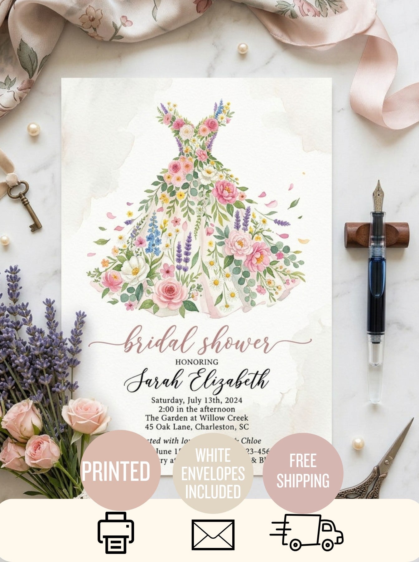 Wildflower Bridal shower invitation, Boho Floral Dress Invitation-5