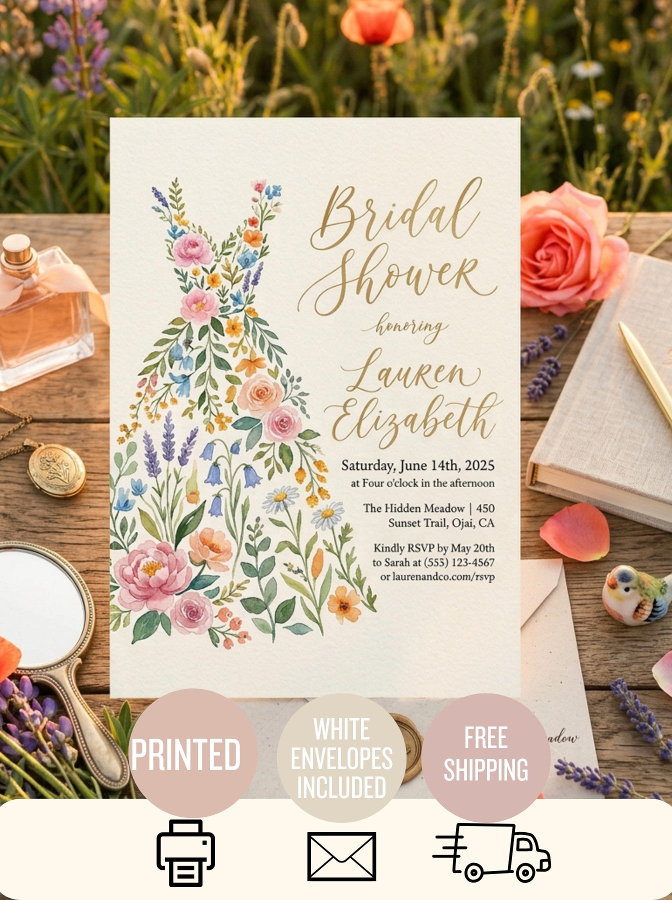 Wildflower Bridal shower invitation, Boho Floral Dress Invitation-4